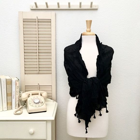Crinkled Black Wrap Scarf, Tassel Trim, NWT…As Is, see description. - Picture 4 of 8